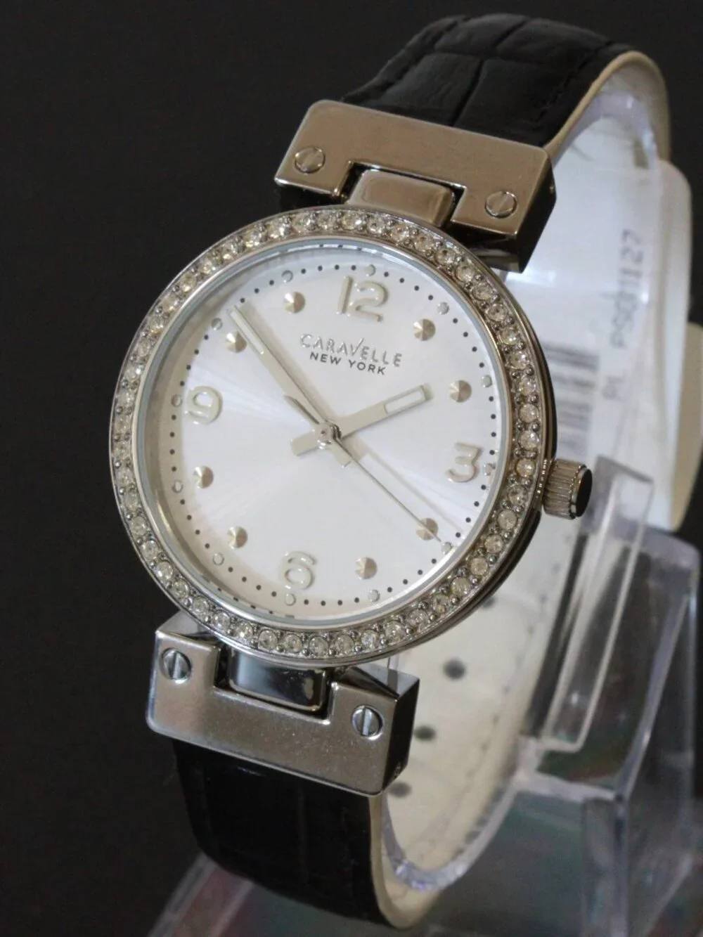 Caravelle Ladies Dress Watch By Bulova Crystal Bezel Reversible Strap 32mm